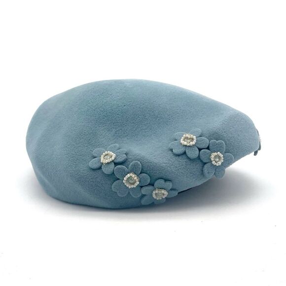 Vintage 1950s BB Ruth Velour Beret Hat Slate Blue Floral Applique Pearl Studded - Picture 4 of 16